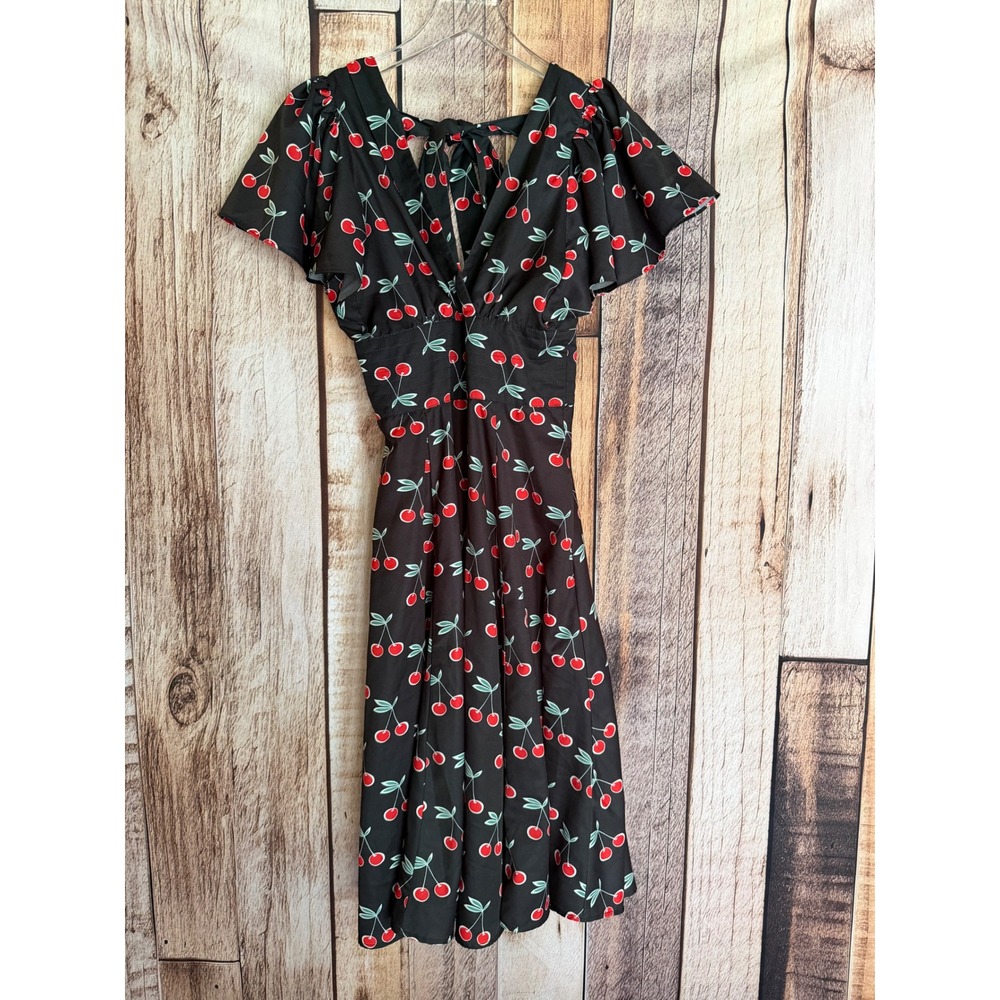 Unique Vintage Dress Cherry Print Fit & Flare Midi Retro Pinup Rockabilly Small